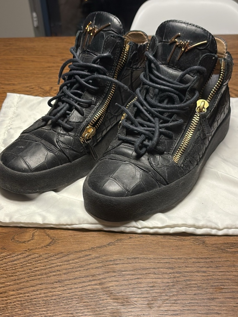 Giuseppe Zanotti Black Croc-Embossed High-Top Sneakers with Gold Zippers